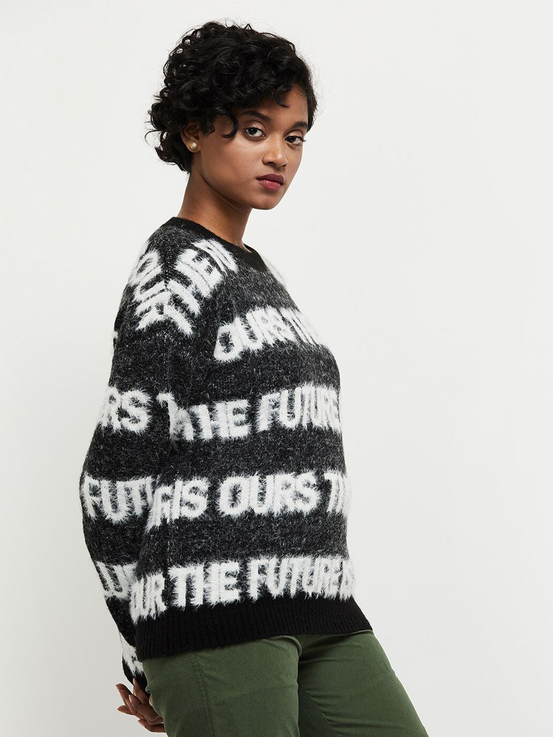 max Women Black & White Typography Printed Pullover Price in India