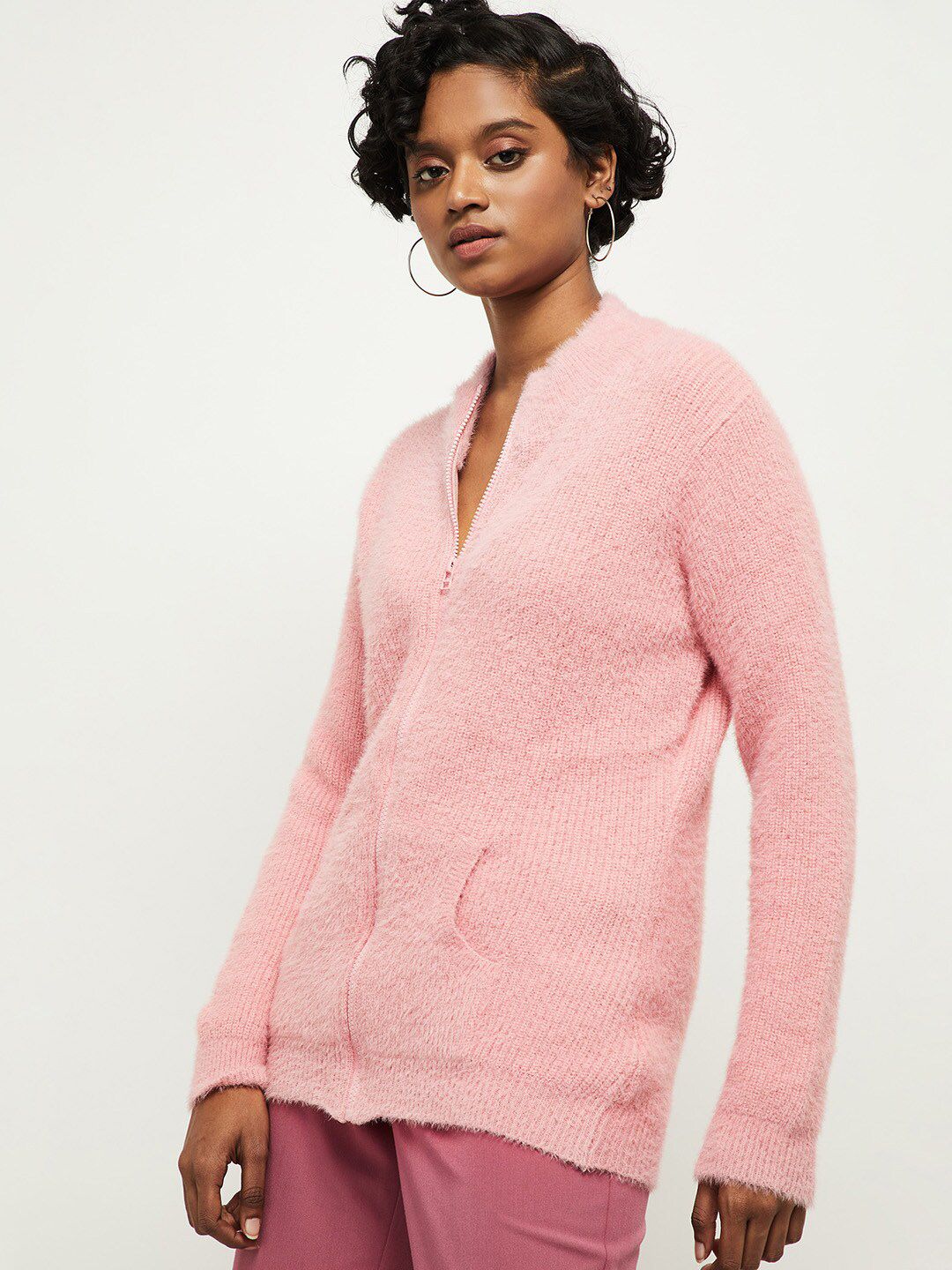 max Women Pink Cardigan with Fuzzy Detail Price in India