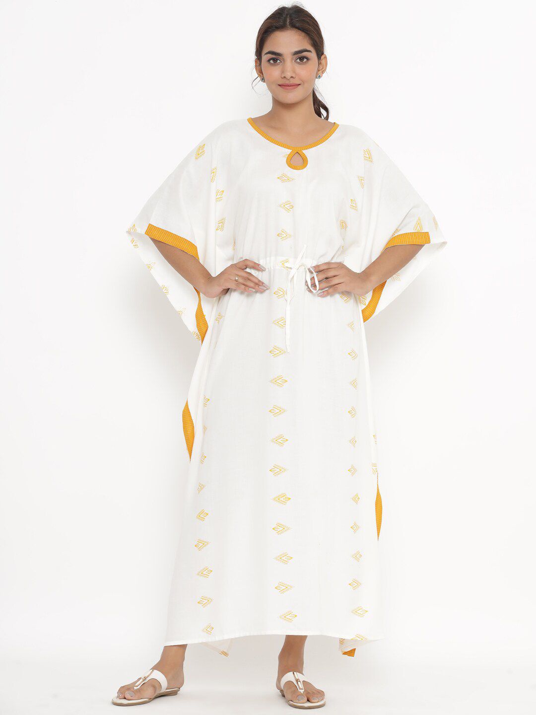 Fabriko White & Yellow Printed Kaftan Maxi Dress Price in India