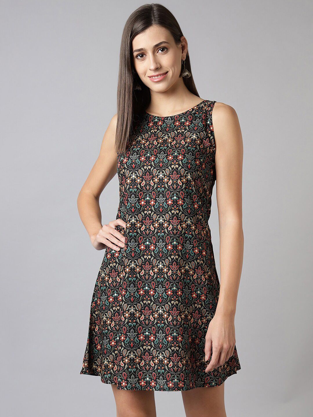 TANKHI Black & Orange Ethnic Motifs A-Line Dress Price in India