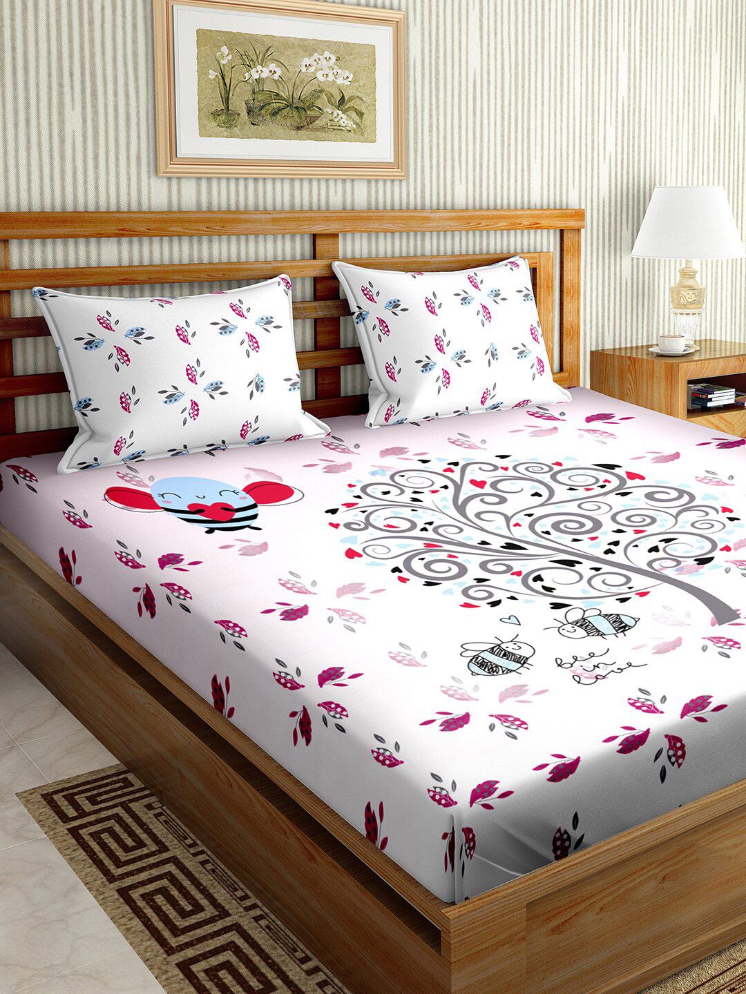 BELLA CASA White & Pink Graphic 150 TC Cotton King Bedsheet with 2 Pillow Covers Price in India
