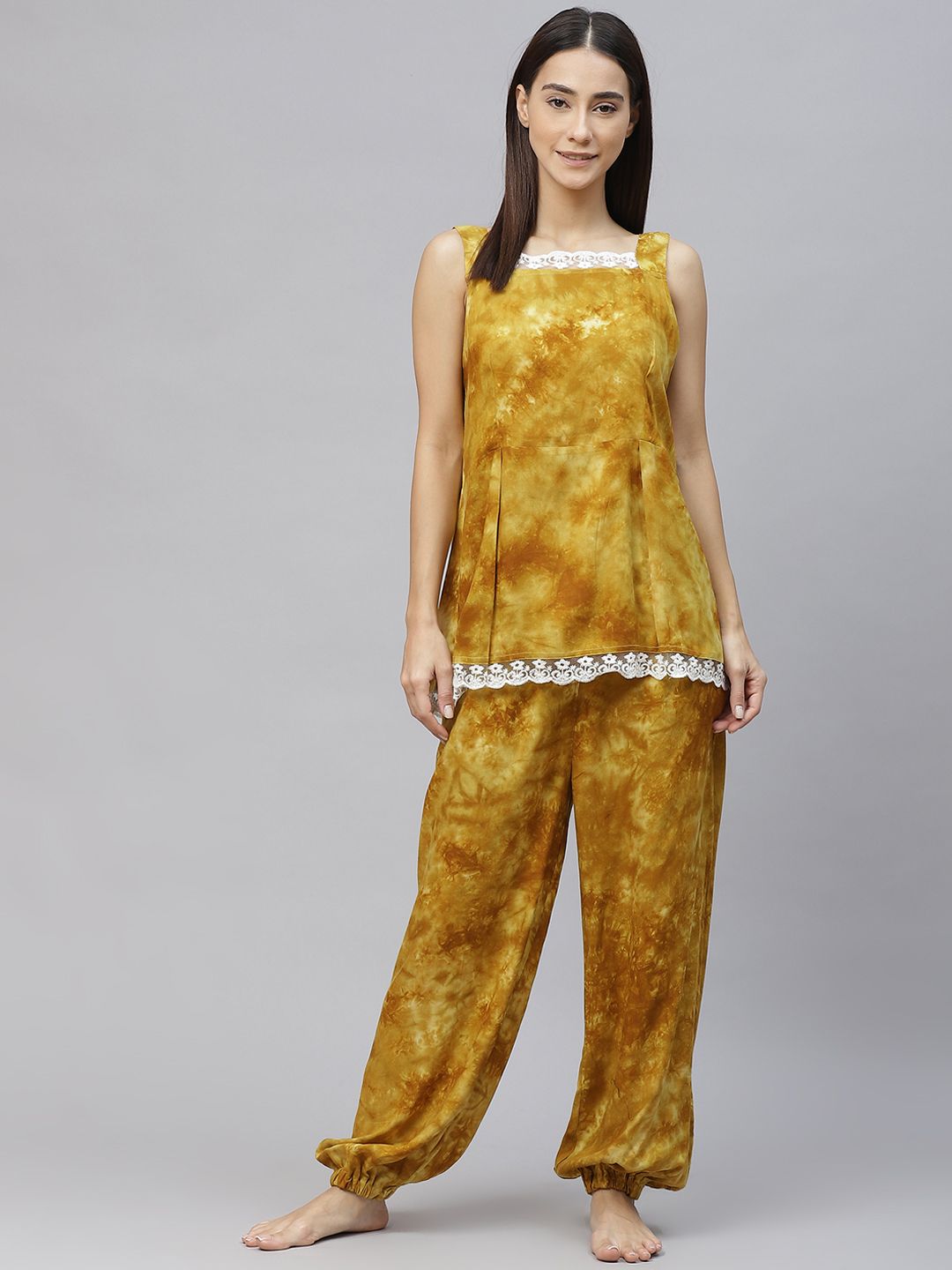 Laado - Pamper Yourself Women Mustard Yellow Dyed Lace Inserts Pyjama Set Price in India