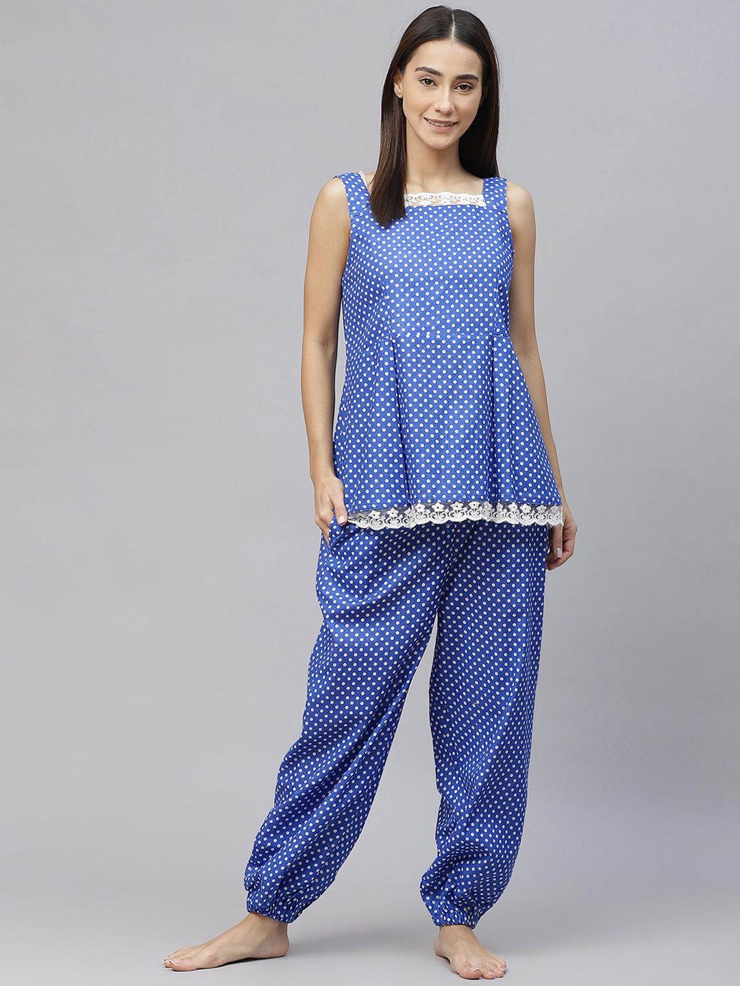 Laado - Pamper Yourself Women Blue & White Polka Dot Print Lace Inserts Cotton Pyjama Set Price in India