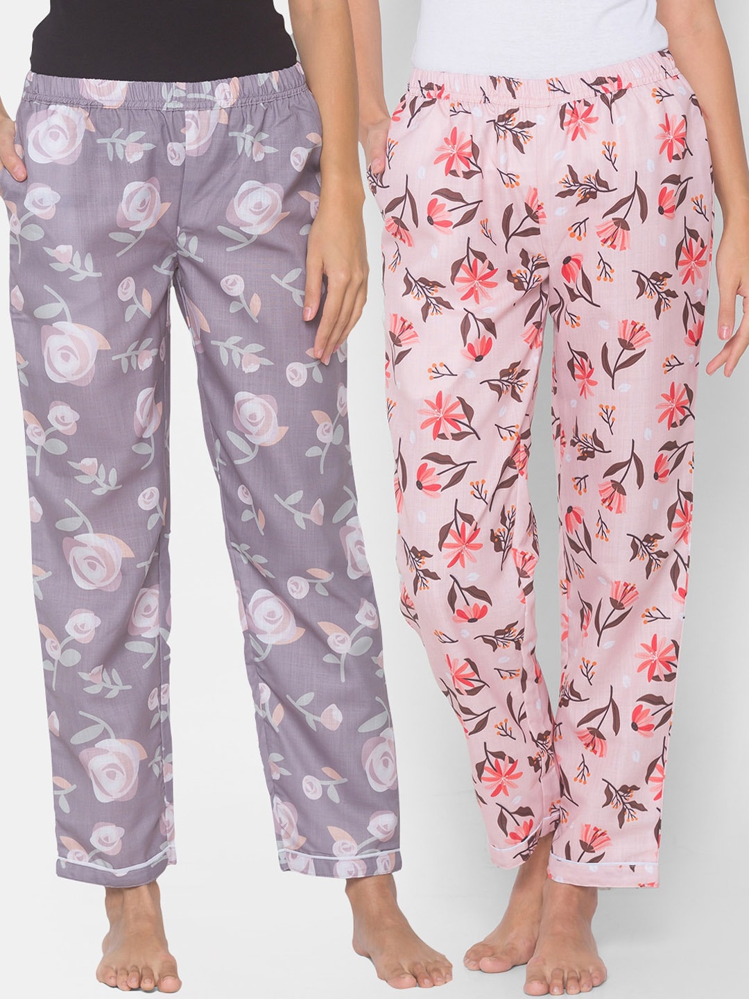 FashionRack Women Pack of 2 Brown & Pink Printed Cotton Pyjamas Price in India