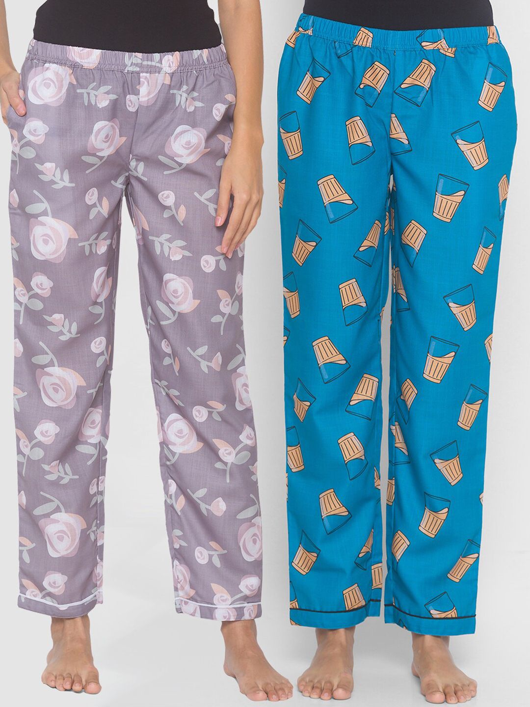 FashionRack Women Pack of 2 Brown & Blue Printed Cotton Pyjamas Price in India