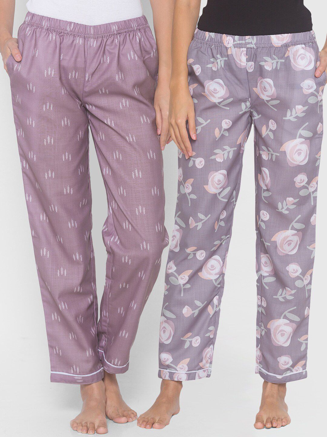 FashionRack Women Brown & Purple Pack of 2 Cotton Printed Pyjamas Price in India