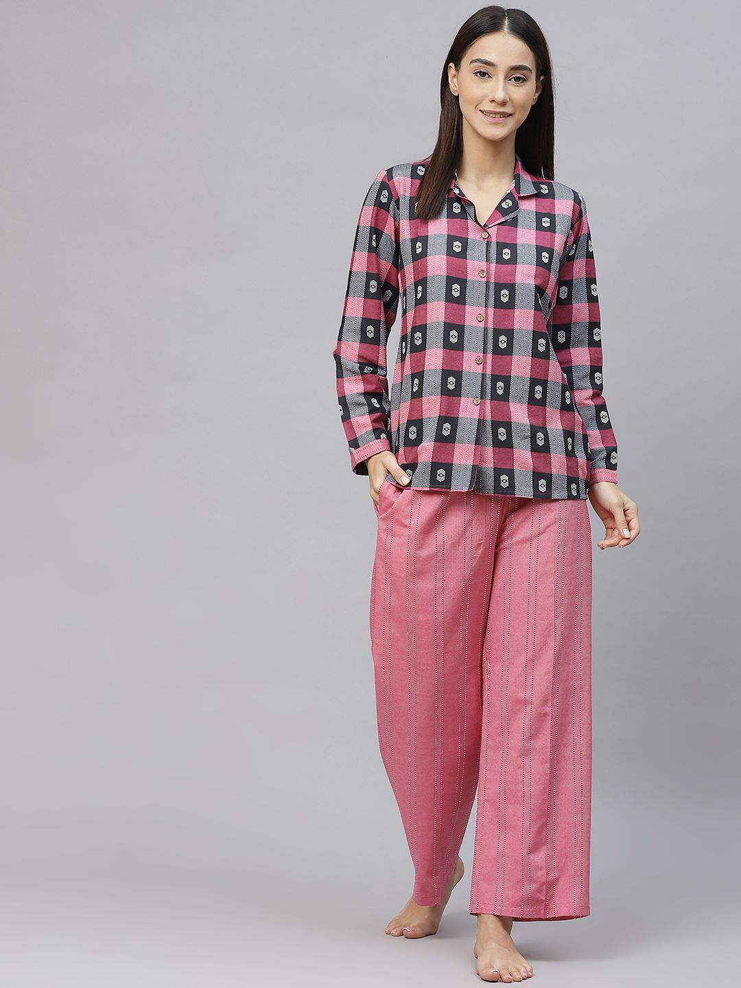 Laado - Pamper Yourself Women Pink & Black Pure Cotton Checked Night suit Price in India