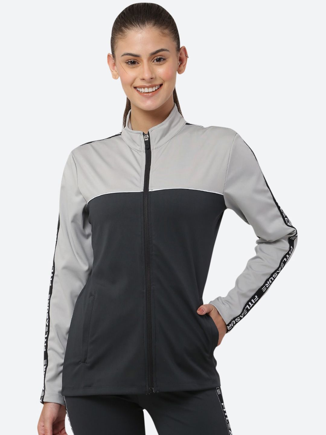 FITLEASURE Women Grey Colourblocked Lightweight Running Sporty Jacket Price in India