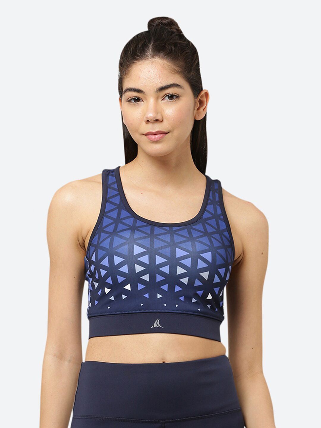 FITLEASURE Blue & Black Geometric Workout Bra Price in India