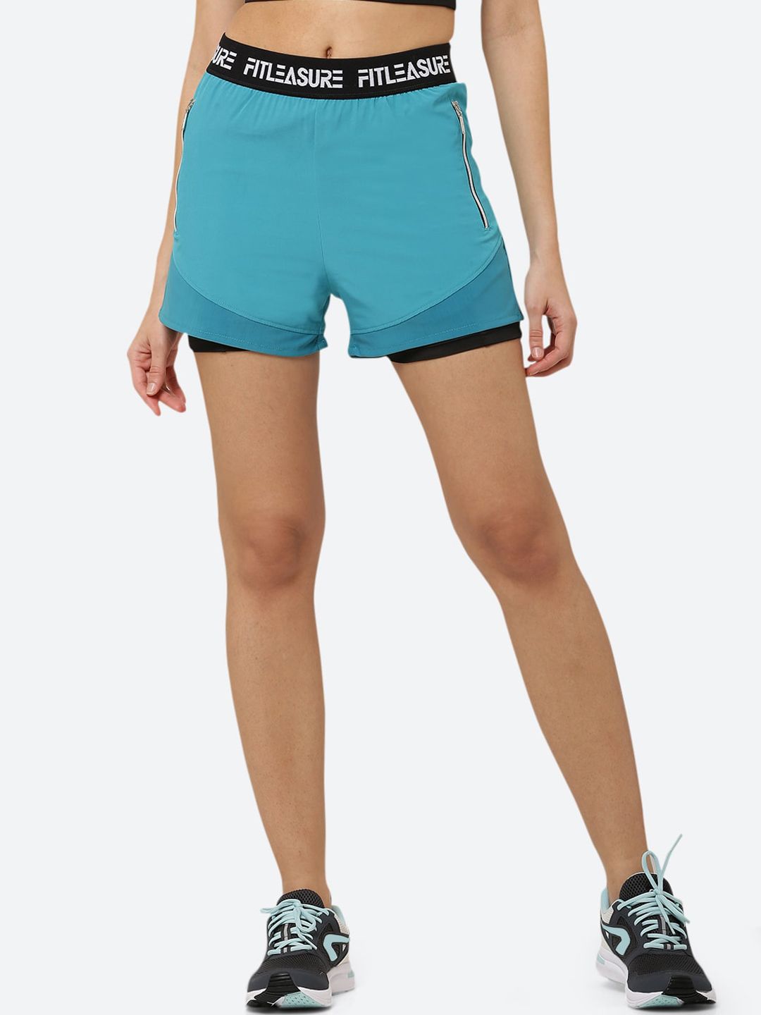 FITLEASURE Women Blue Colourblocked Running Sports Shorts Price in India