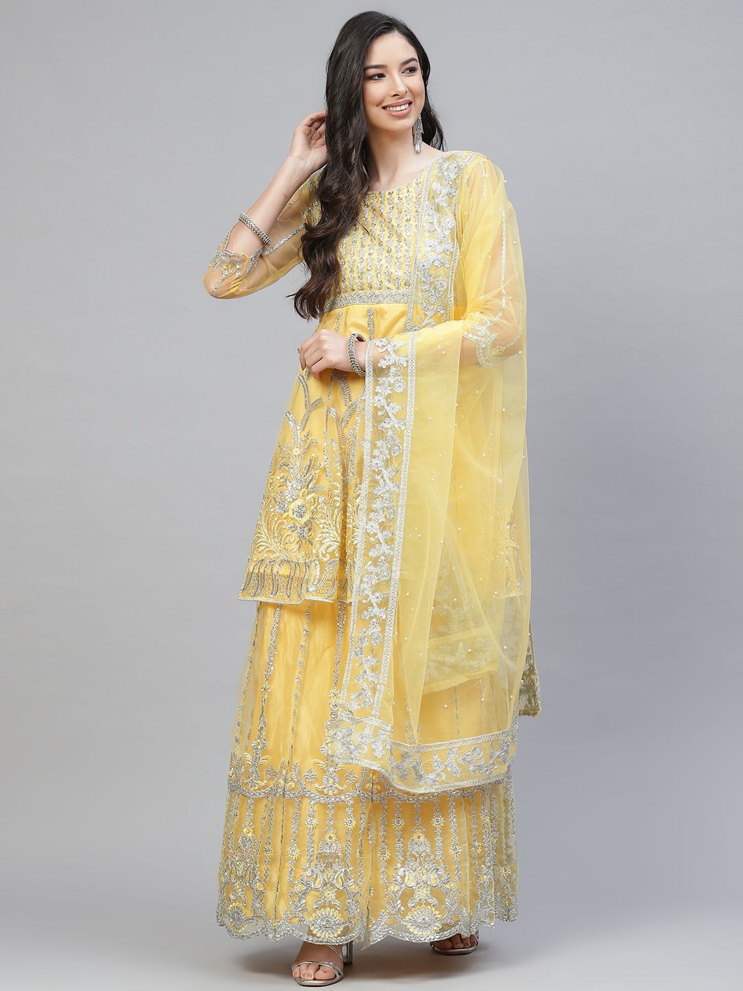 Readiprint Fashions Women Yellow Embroidered Semi-Stitched Dress Material Price in India