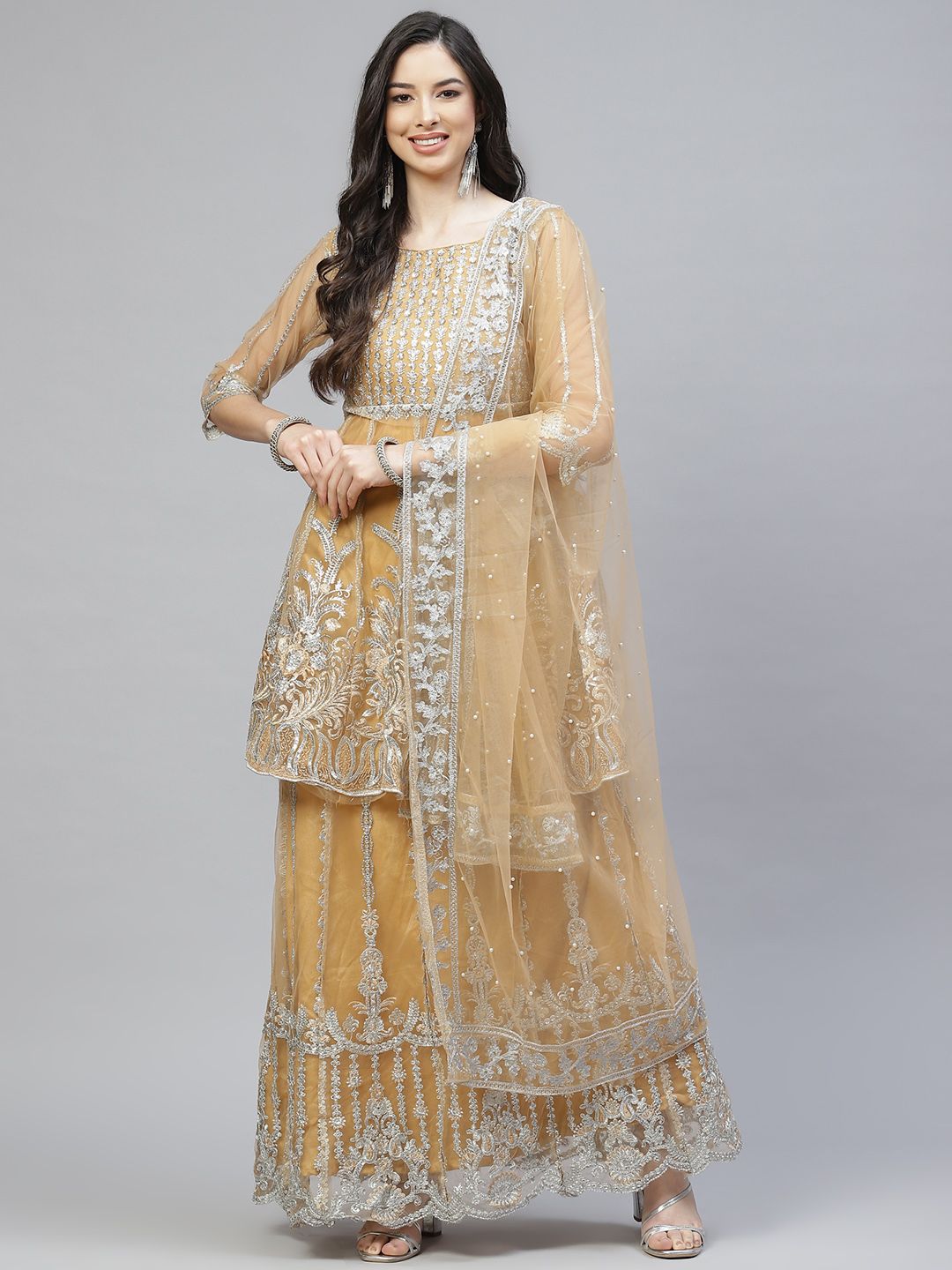 Readiprint Fashions Women Beige Embroidered Semi-Stitched Dress Material Price in India