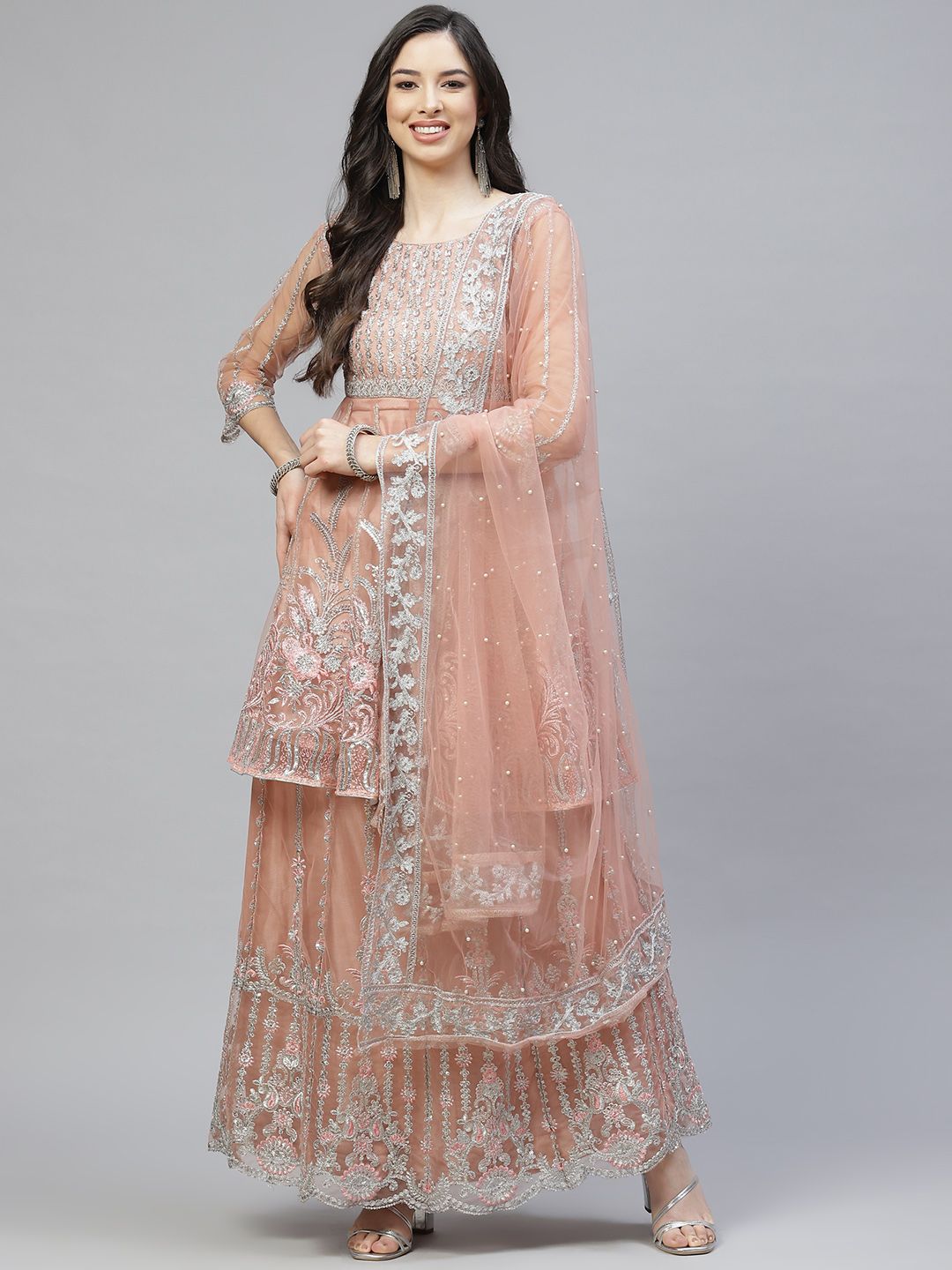 Readiprint Fashions Women Peach-Coloured Embroidered Semi-Stitched Dress Material Price in India