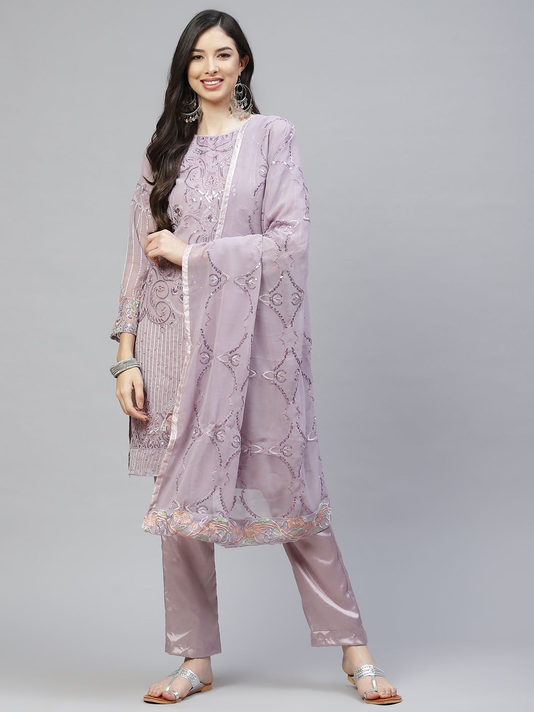 Readiprint Fashions Women Lavender Embroidered Unstitched Dress Material Price in India