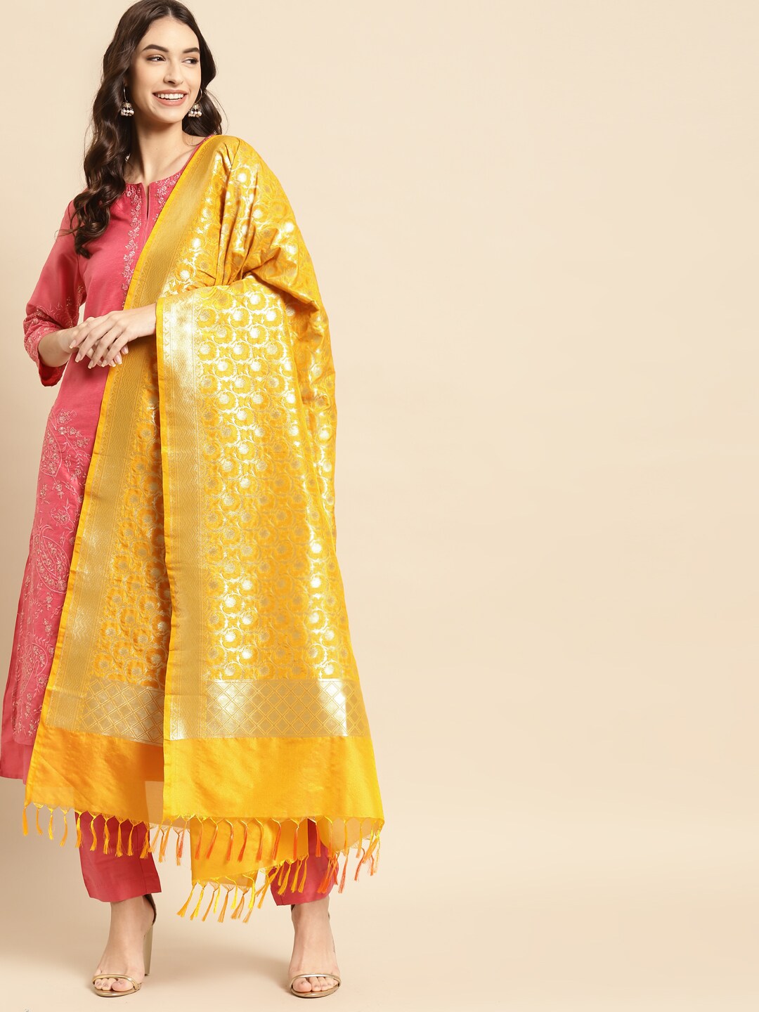 Banarasi Style Yellow & Gold-Toned Ethnic Motifs Woven Design Art Silk Dupatta with Thread Work Price in India