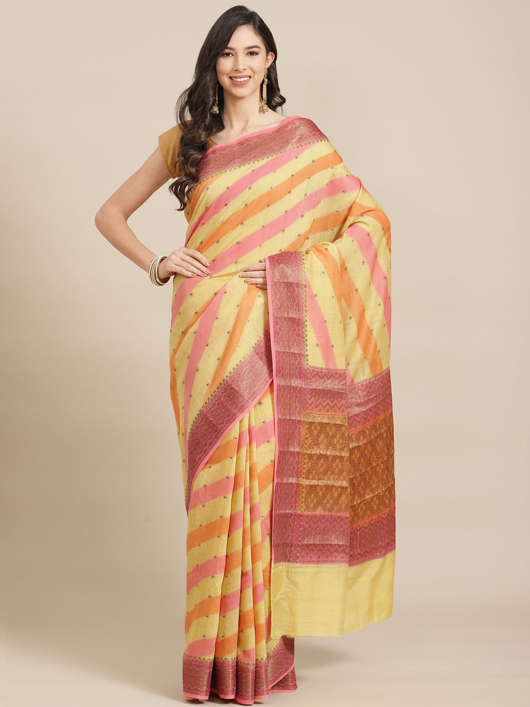 Banarasi Style Yellow & Red Woven Design Pure Silk Muga Saree Price in India