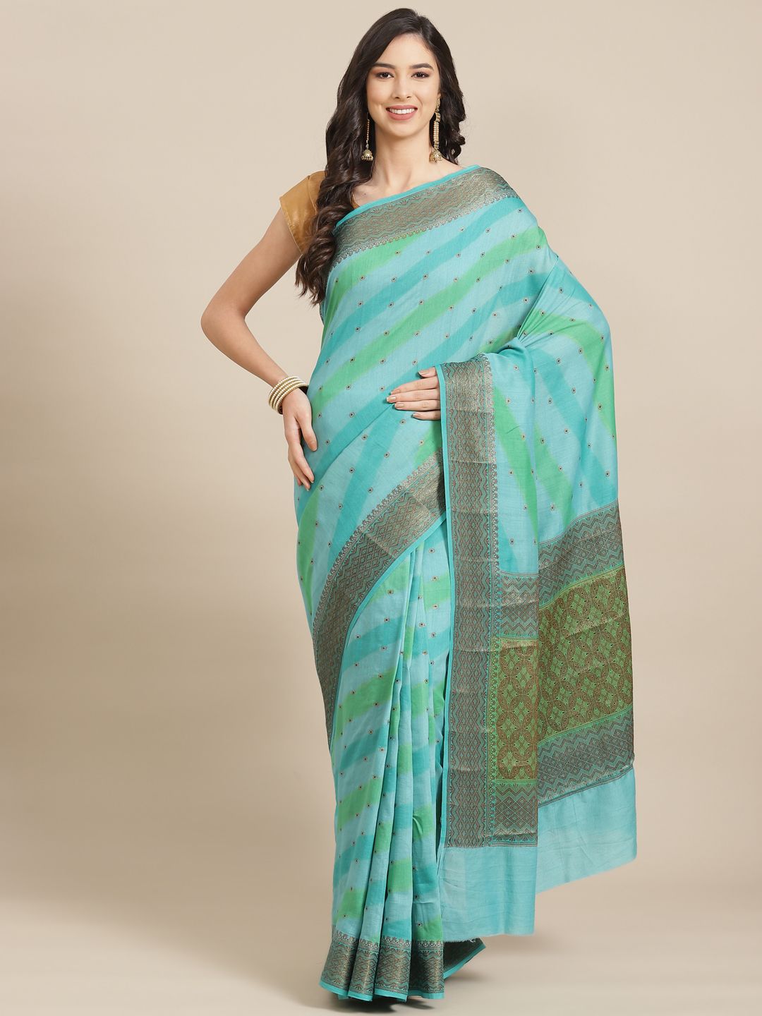 Banarasi Style Blue & Green Striped Pure Silk Muga Saree Price in India