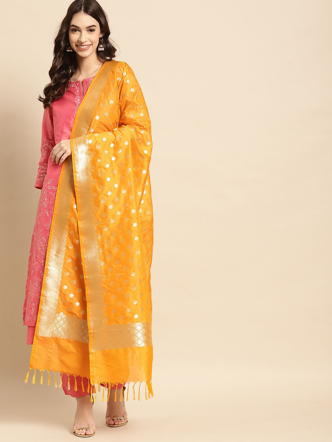 Banarasi Style Yellow & Gold-Toned Floral Woven Design Art Silk Dupatta with Thread Work Price in India
