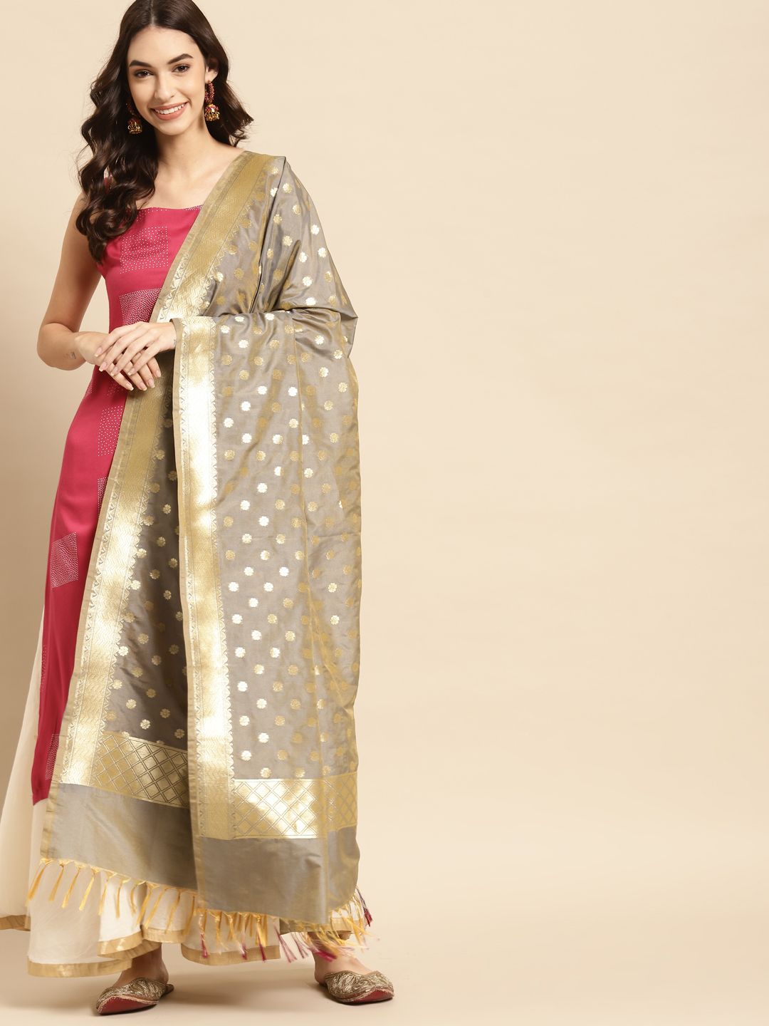 Banarasi Style Grey & Gold-Toned Floral Woven Design Art Silk Dupatta with Thread Work Price in India