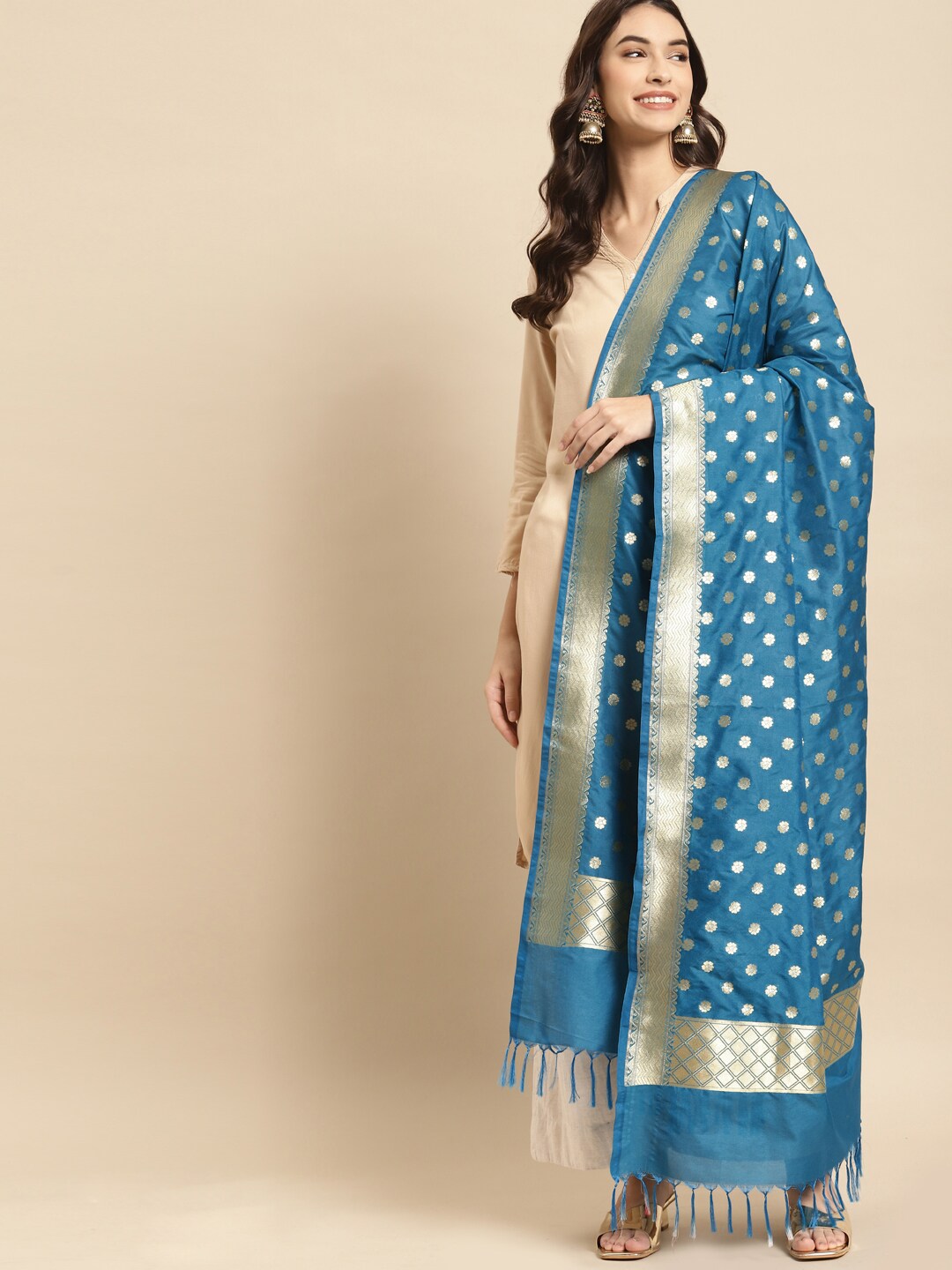 Banarasi Style Blue & Gold-Toned Woven Design Art Silk Dupatta with Thread Work Price in India