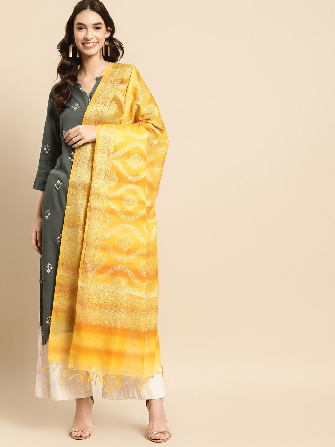 Banarasi Style Yellow & Gold-Toned Woven Design Cotton Silk Dupatta with Thread Work Price in India