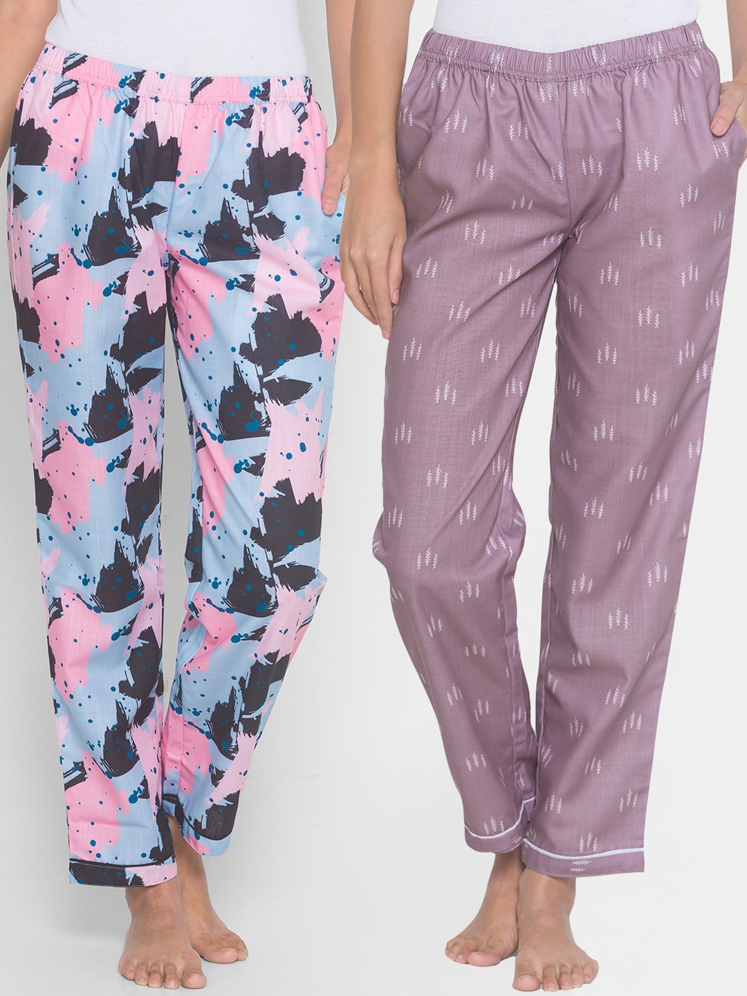 FashionRack Women Pack of 2 Purple & Blue Printed Cotton Pyjamas Price in India