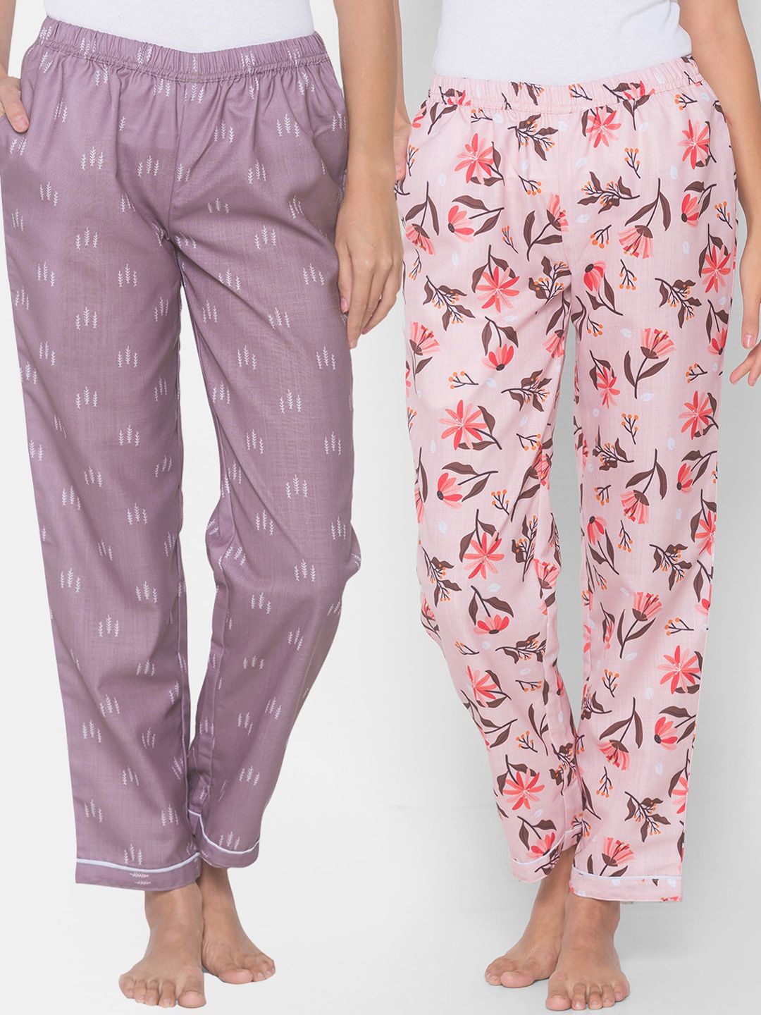 FashionRack Women Purple & Pink Pack of 2 Cotton Printed Pyjamas Price in India