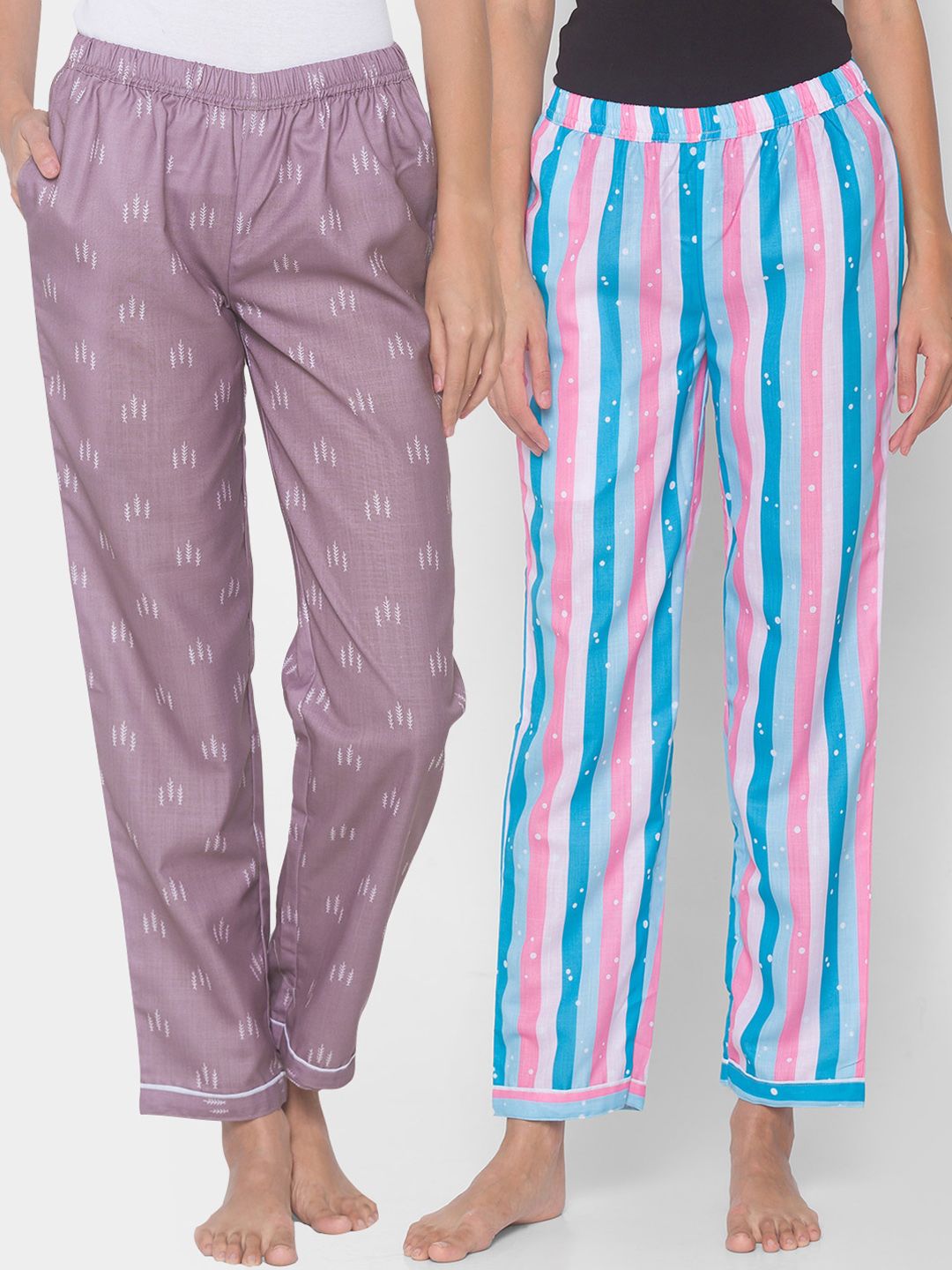 FashionRack Women Pack of 2 Purple & Blue Printed Cotton Pyjamas Price in India