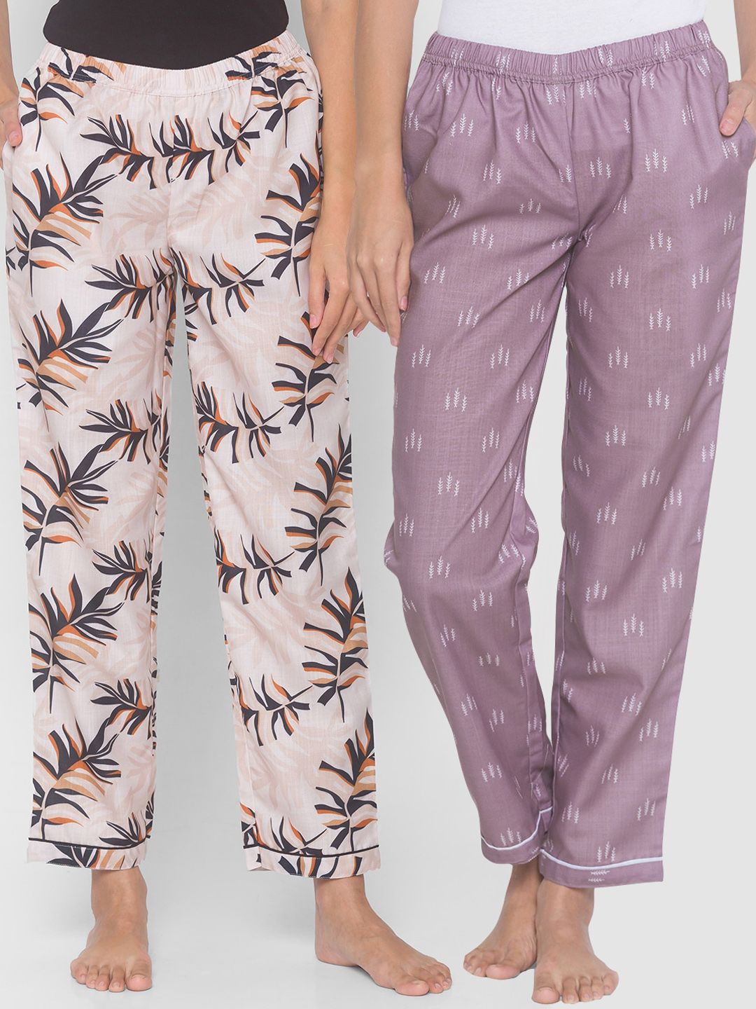 FashionRack Women Purple & Beige Pack of 2 Cotton Printed Pyjamas Price in India