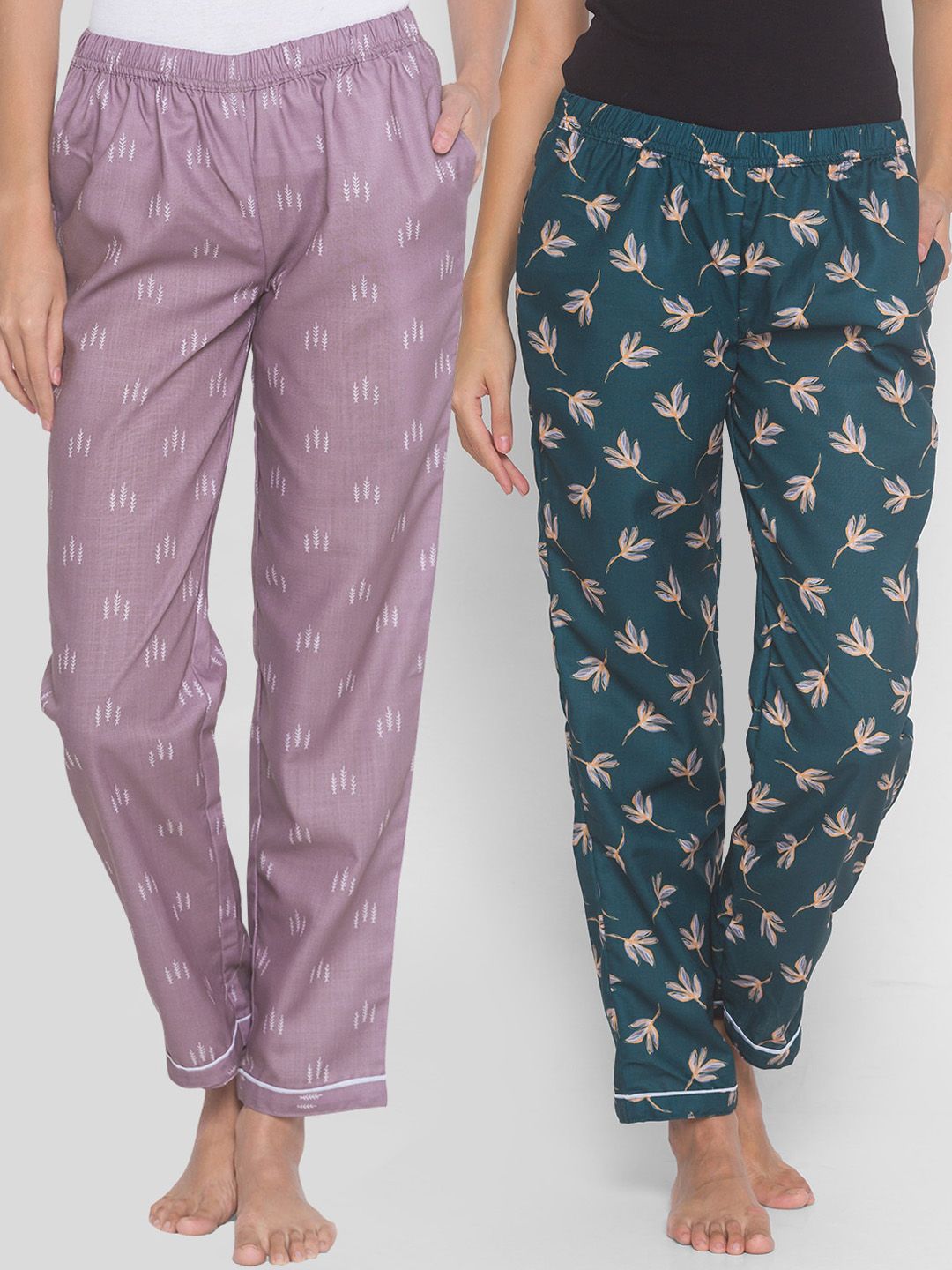 FashionRack Women Pack of 2 Purple & Green Printed Lounge Pants Price in India