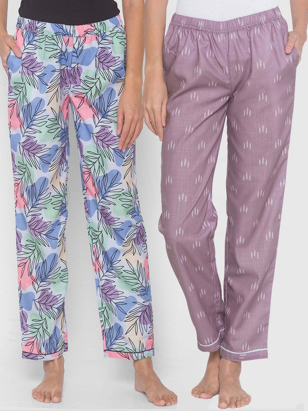 FashionRack Women Purple & Blue Pack of 2 Cotton Printed Pyjamas Price in India