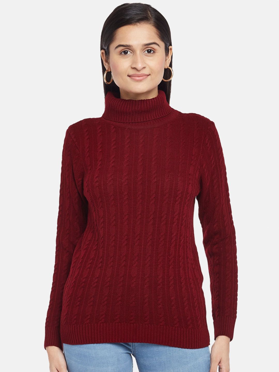 Honey by Pantaloons Women Maroon Turtle Neck Cable Knit Pullover Price in India