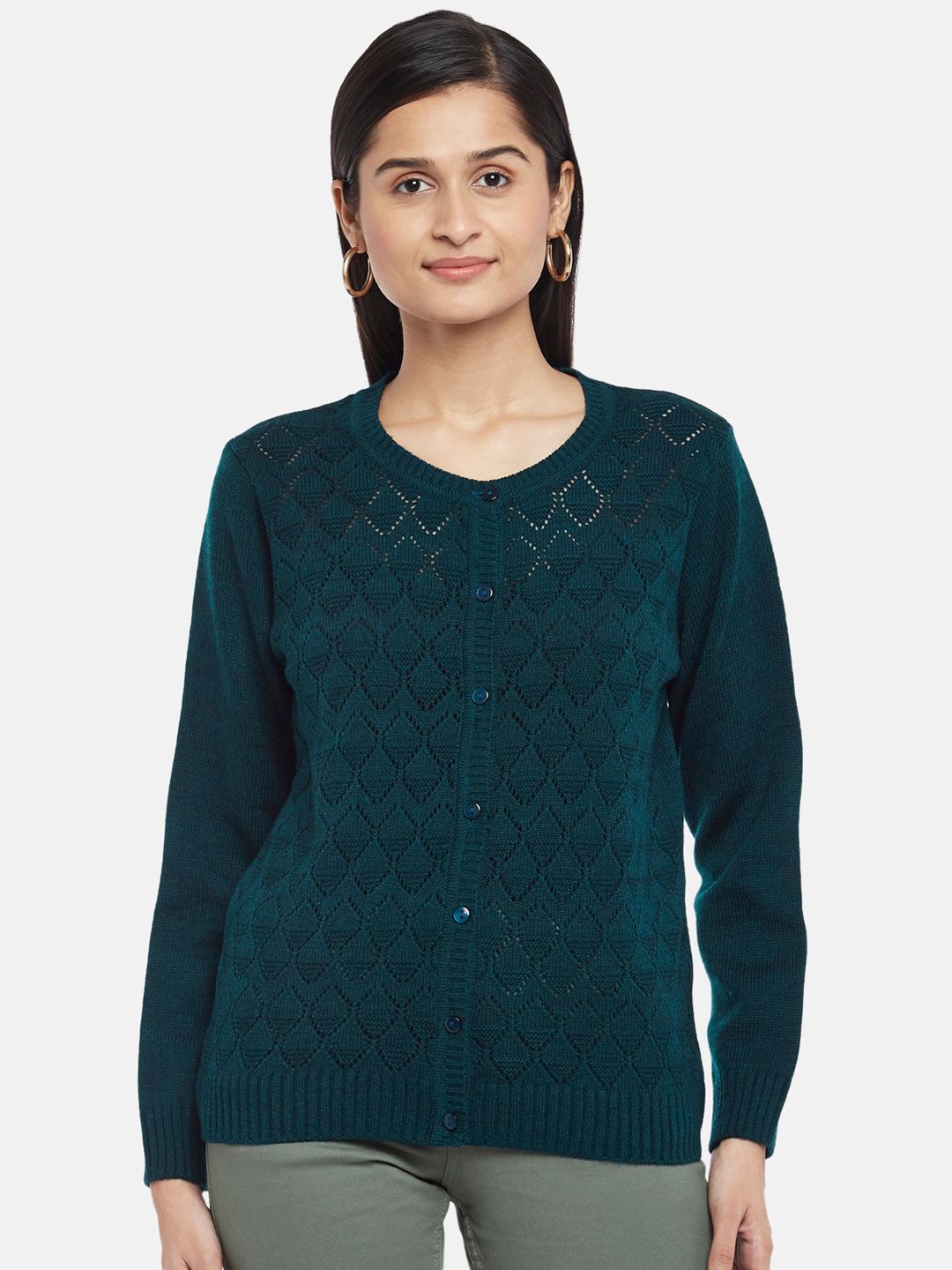Honey by Pantaloons Women Teal Ribbed Acrylic Cardigan Price in India