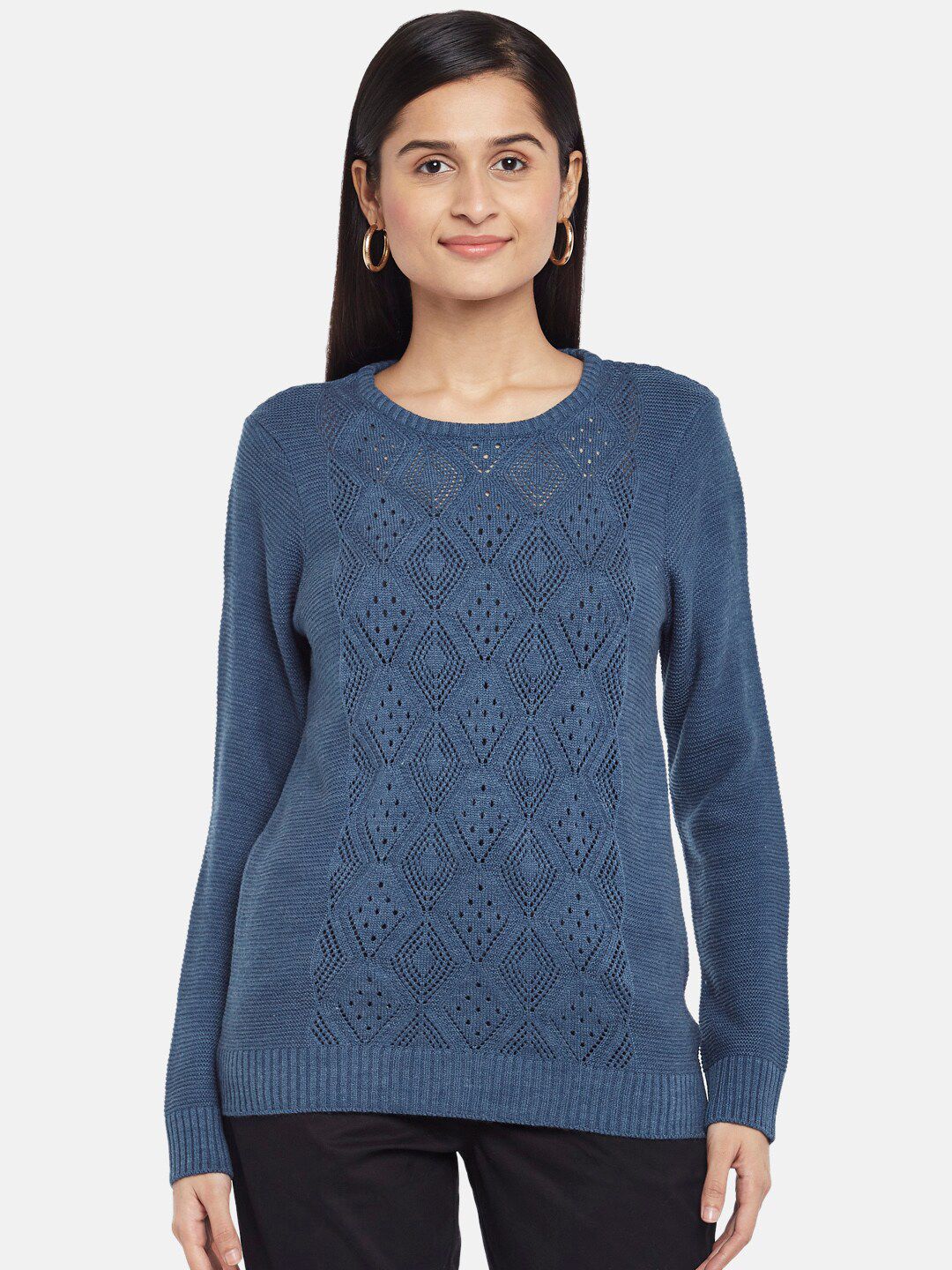 Honey by Pantaloons Women Blue Open Knit Pure Acrylic Pullover Sweater Price in India