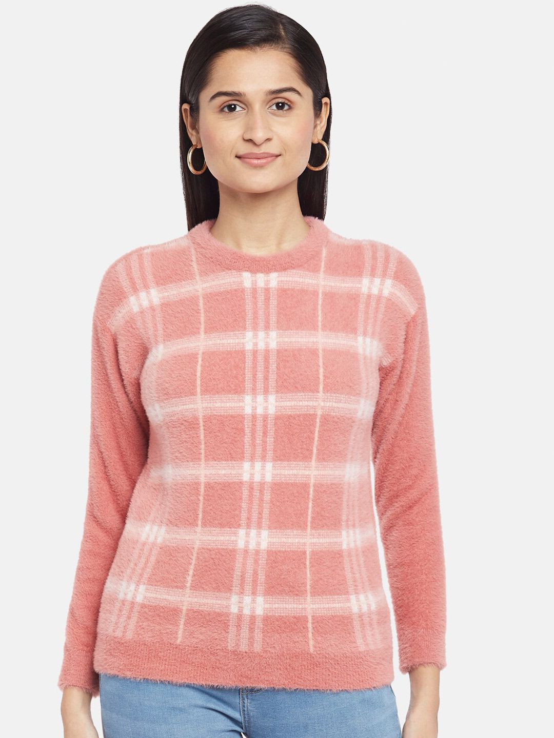 People Women Peach-Coloured & White Checked Pullover Price in India