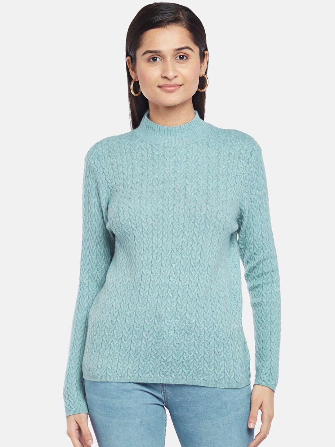 People Women Turquoise Blue Cable Knit Pure Wool Pullover Price in India