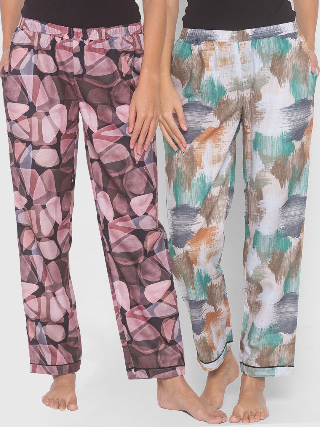 FashionRack Women Beige & Black Pack of 2 Printed Cotton Lounge Pants Price in India