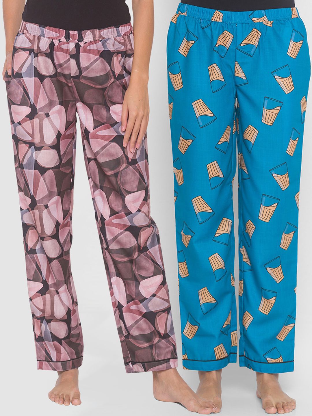 FashionRack Women Pack of 2 Black & Blue Cotton Printed Lounge Pants Price in India