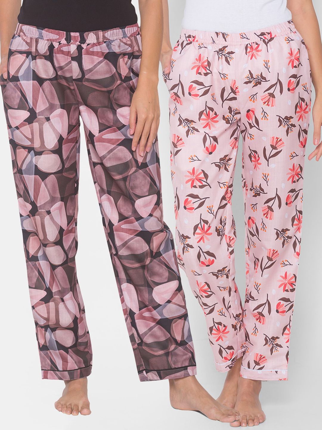 FashionRack Women Pack of 2 Black & Pink Cotton Printed Pyjamas Price in India