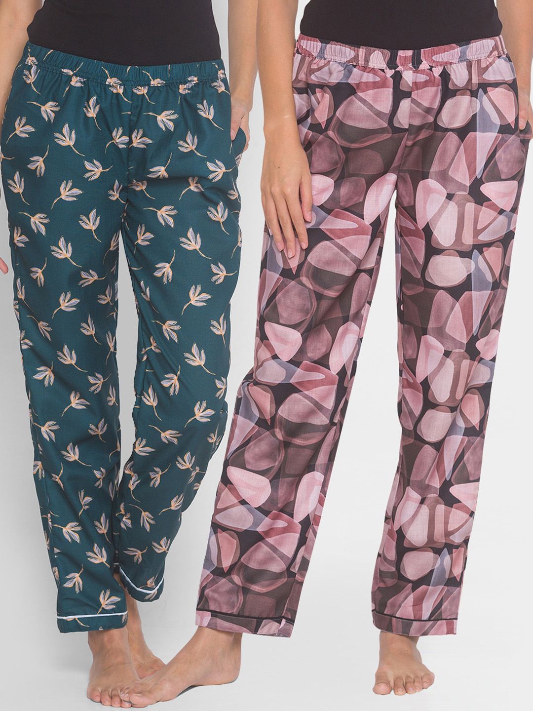 FashionRack Women Pack of 2 Black & Green Printed Lounge Pants Price in India