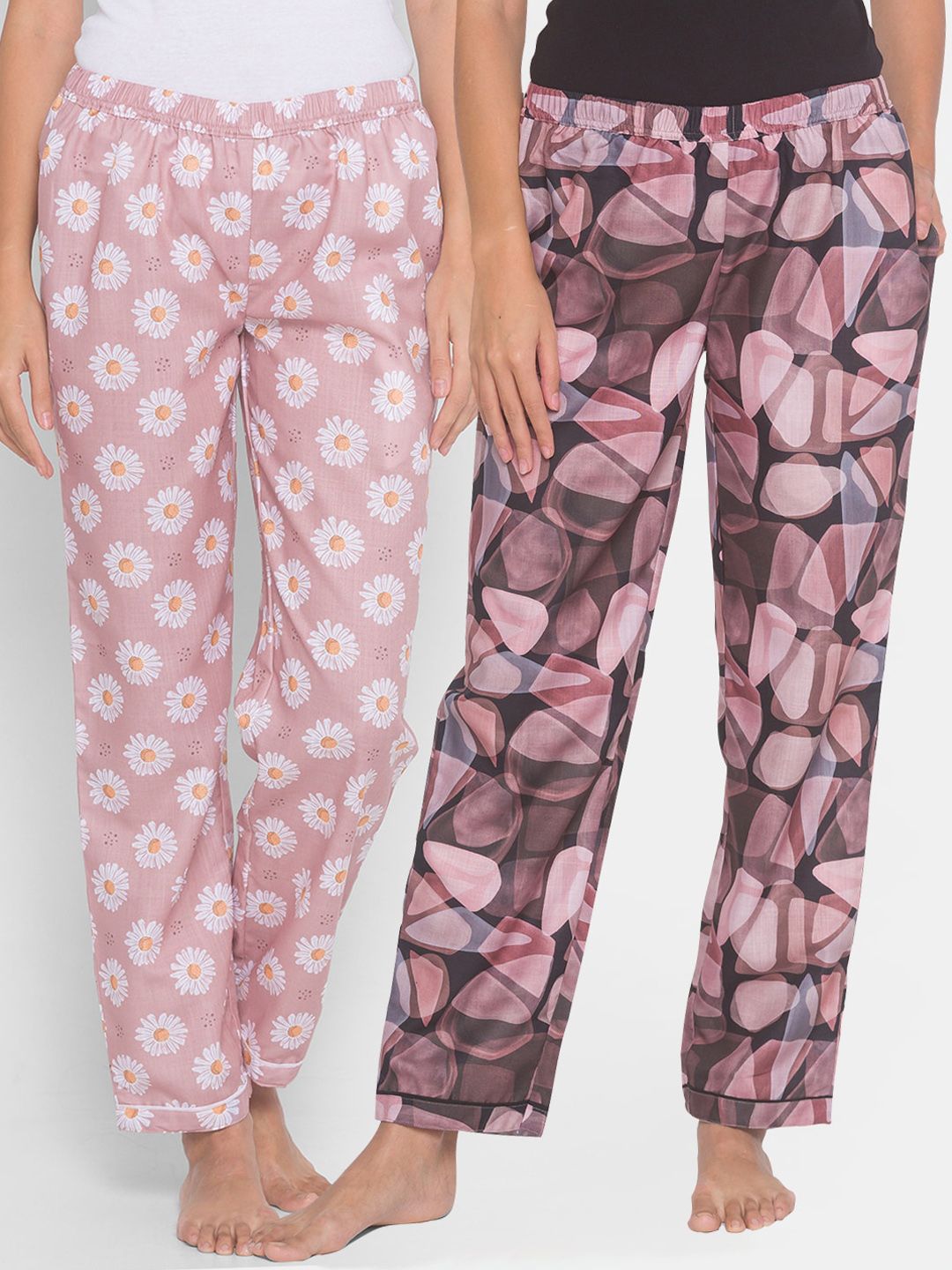 FashionRack Women Black & Pink Pack of 2 Cotton Printed Pyjamas Price in India