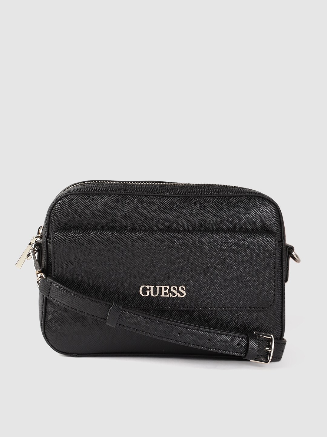 GUESS Black Textured PU Structured Sling Bag Price in India