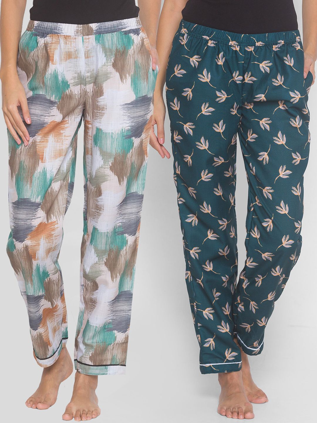 FashionRack Women Beige & Green Pack of 2 Printed Cotton Lounge Pants Price in India