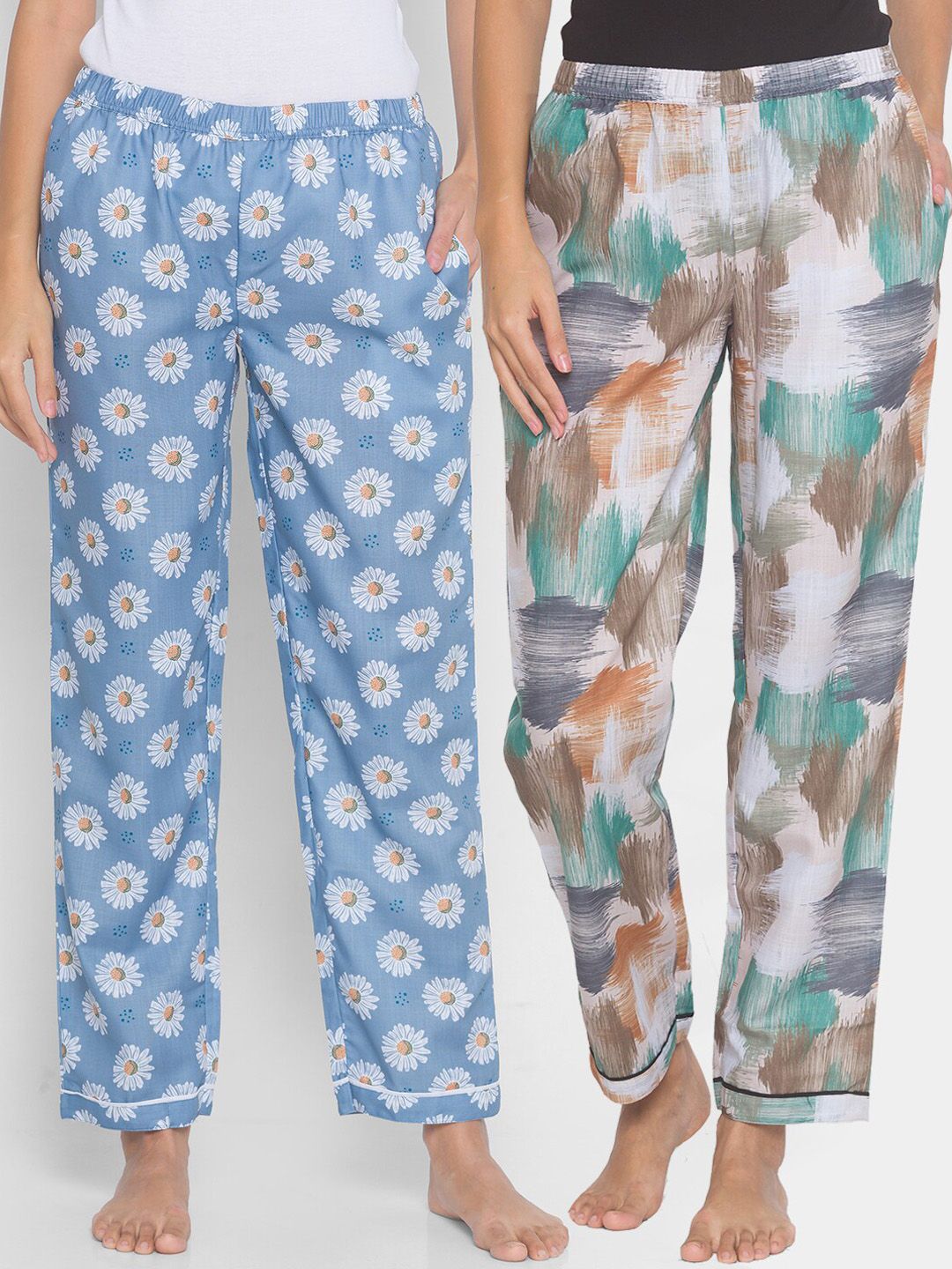 FashionRack Women Pack of 2 Beige & Blue Printed Lounge Pants Price in India