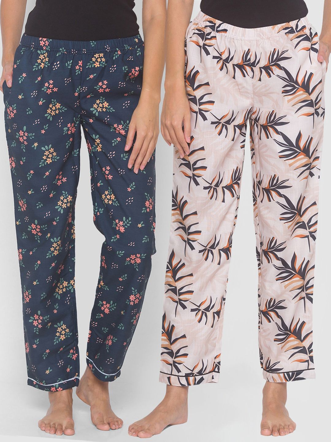 FashionRack Women Pack of 2 Beige & Navy Blue Cotton Printed Lounge Pants Price in India