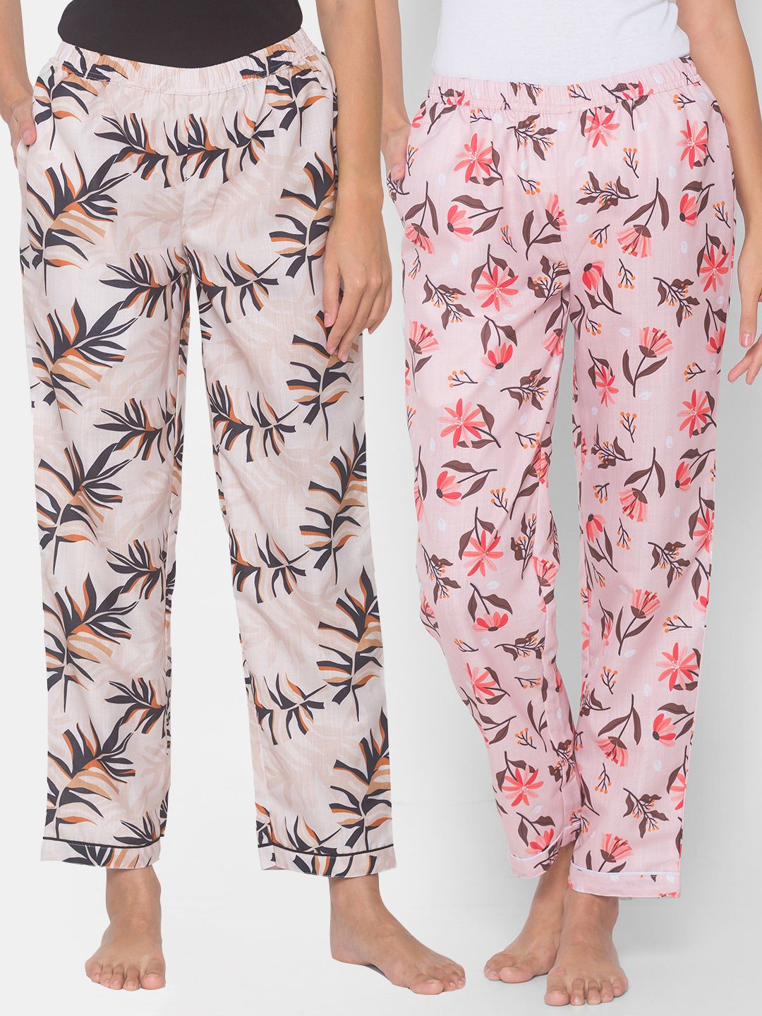 FashionRack Women Pack of 2 Beige & Pink Printed Lounge Pants Price in India