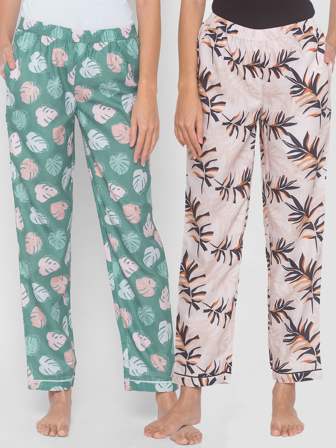 FashionRack Women Pack of 2 Beige & Green Printed Lounge Pants Price in India