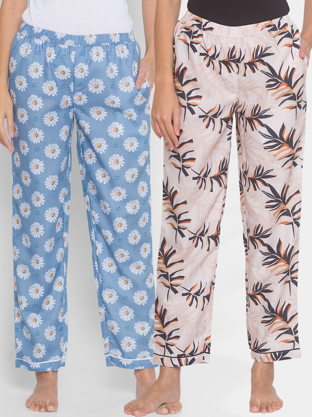 FashionRack Women Beige & Blue Pack of 2 Printed Cotton Lounge Pants Price in India