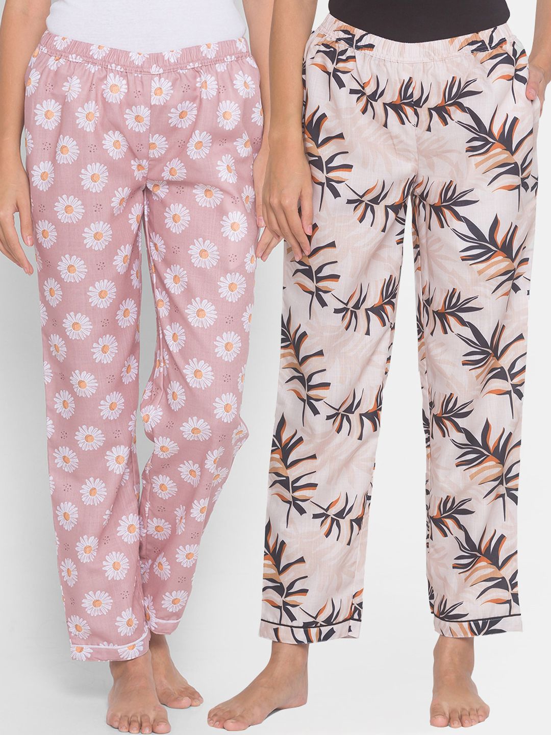 FashionRack Women Pack of 2 Beige & Pink Printed Lounge Pants Price in India