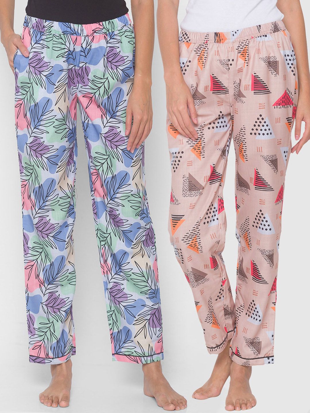 FashionRack Women Pack of 2 Beige & Blue Printed Lounge Pants Price in India